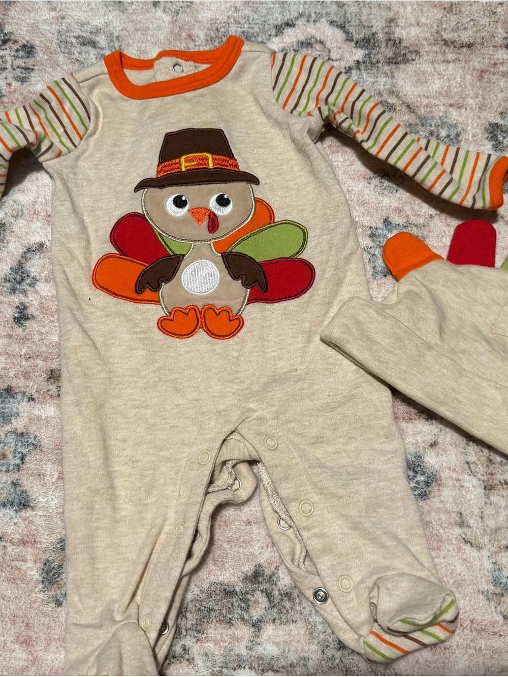 Baby Essentials Beige Footed Sleeper with Orange Trim and Multicolor Stripes